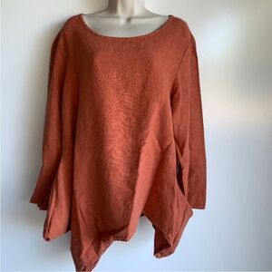 BRYN WALKER Cinnamon Asymmetrical Hem Lagenlook Linen Tunic Top Rust L